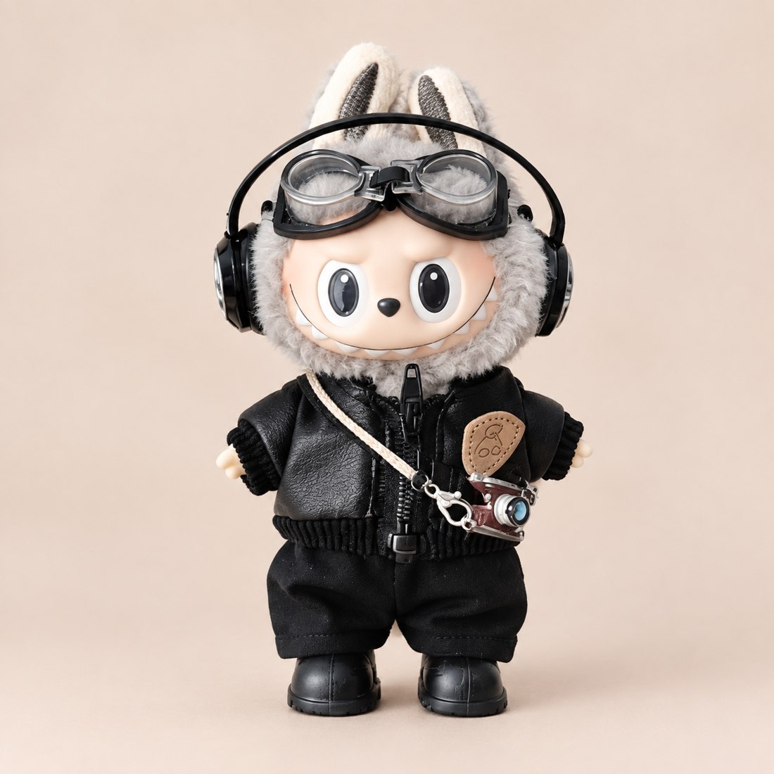 Plush doll wearing aviator leather jacket with goggles