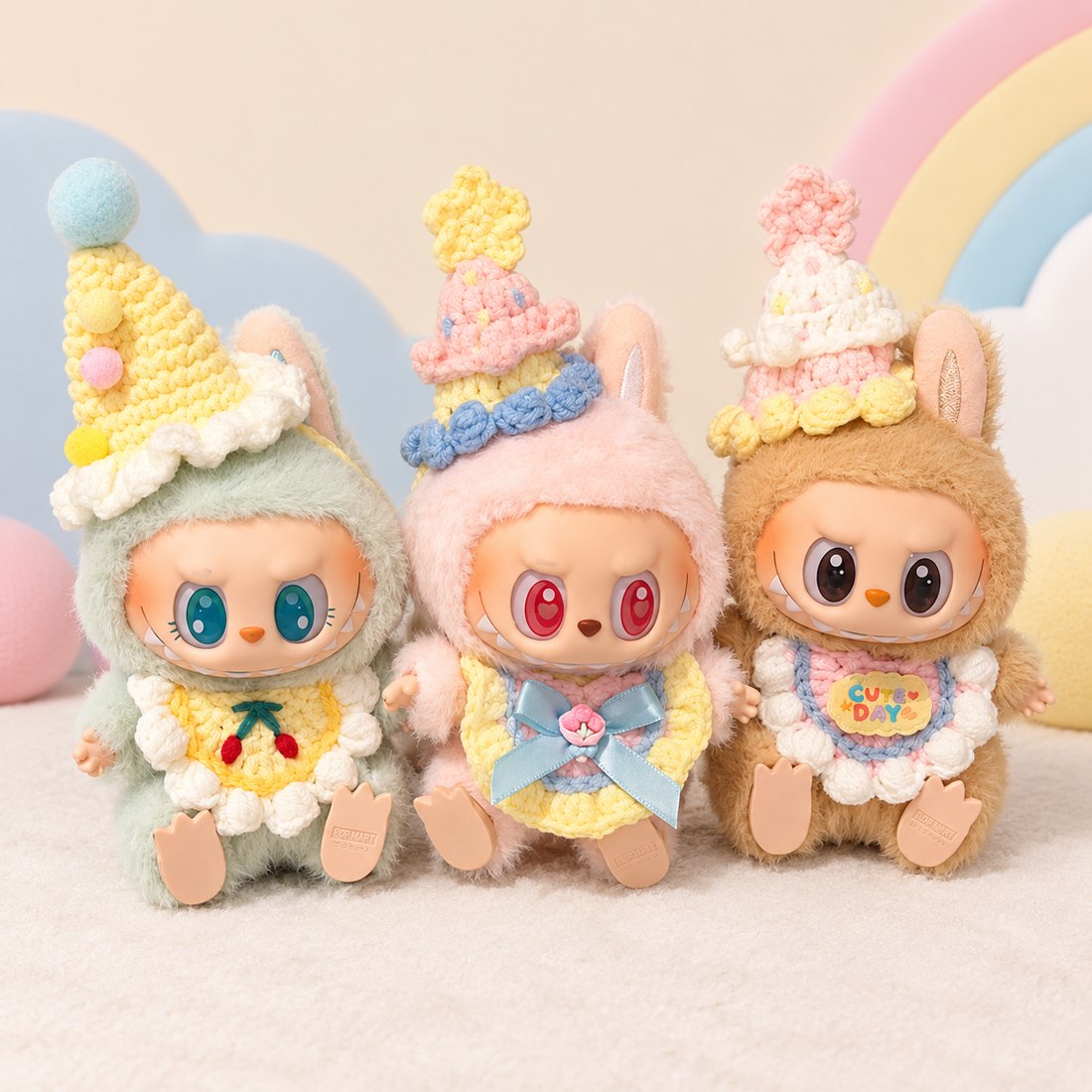 Plush doll wearing baby bonnet and bib — doll outfit for Labubu-style and cotton dolls