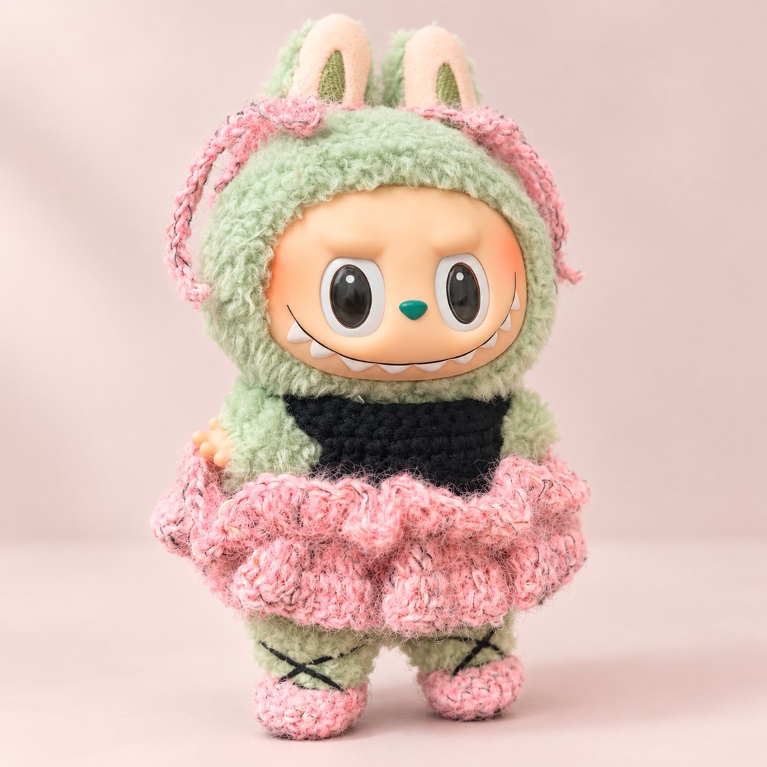 Plush doll wearing pink crochet ballet dress with tutu