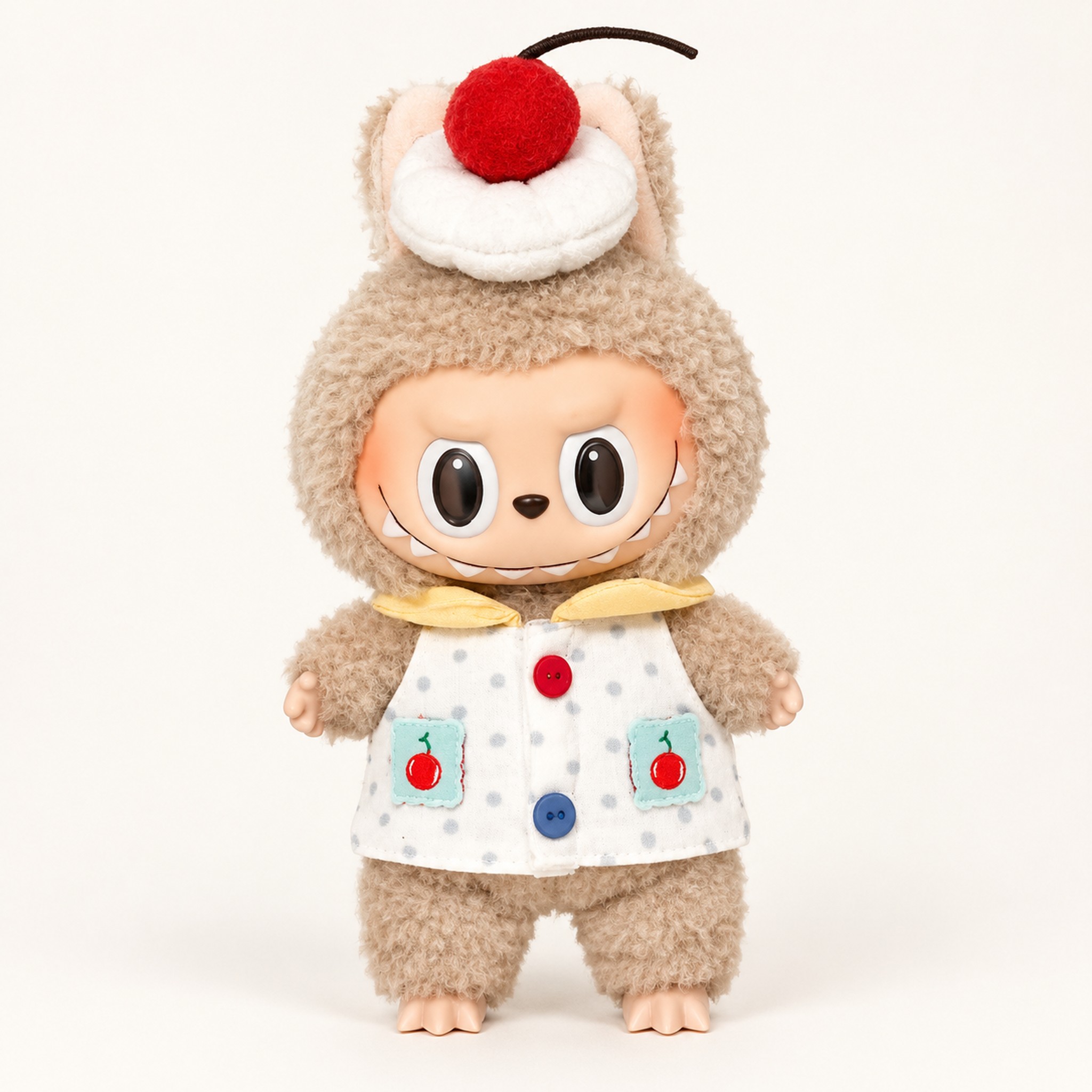 Plush doll wearing a birthday cake themed outfit — doll outfit for Labubu-style and cotton dolls