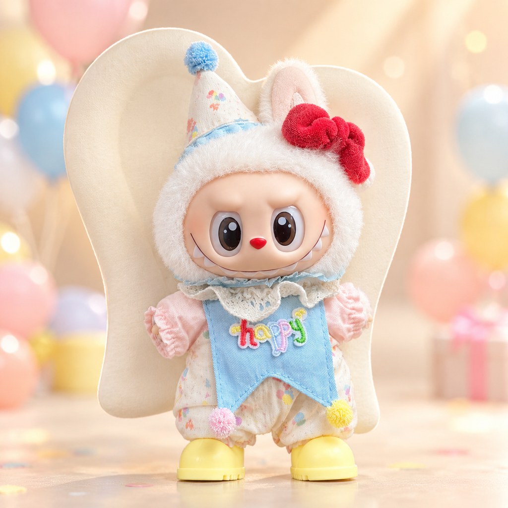 Plush doll dressed in a four-piece birthday party outfit with party hat, bib and little shoes — doll outfit for Labubu-style and cotton dolls