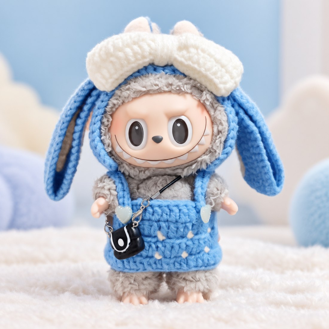Macaron blue bunny ears crochet set on a plush doll