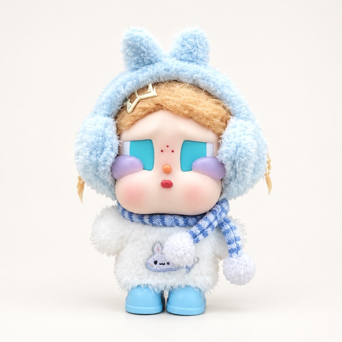 Plush doll wearing milky-blue knit sweater with bunny earmuffs, scarf and blue boots — plush toy clothes sized 15-25 cm