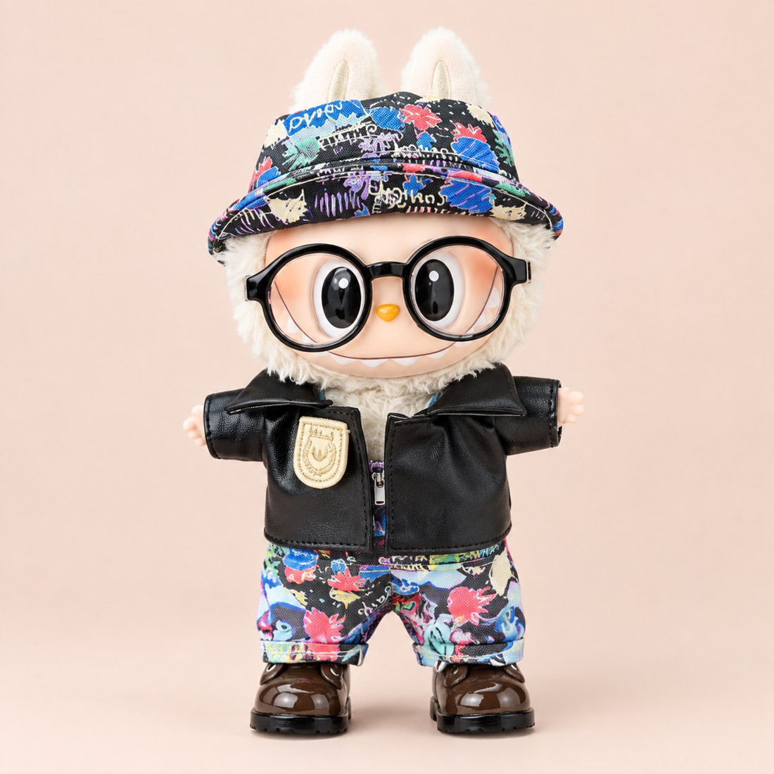 Street style doll outfit with bucket hat, leather vest and colorful overalls