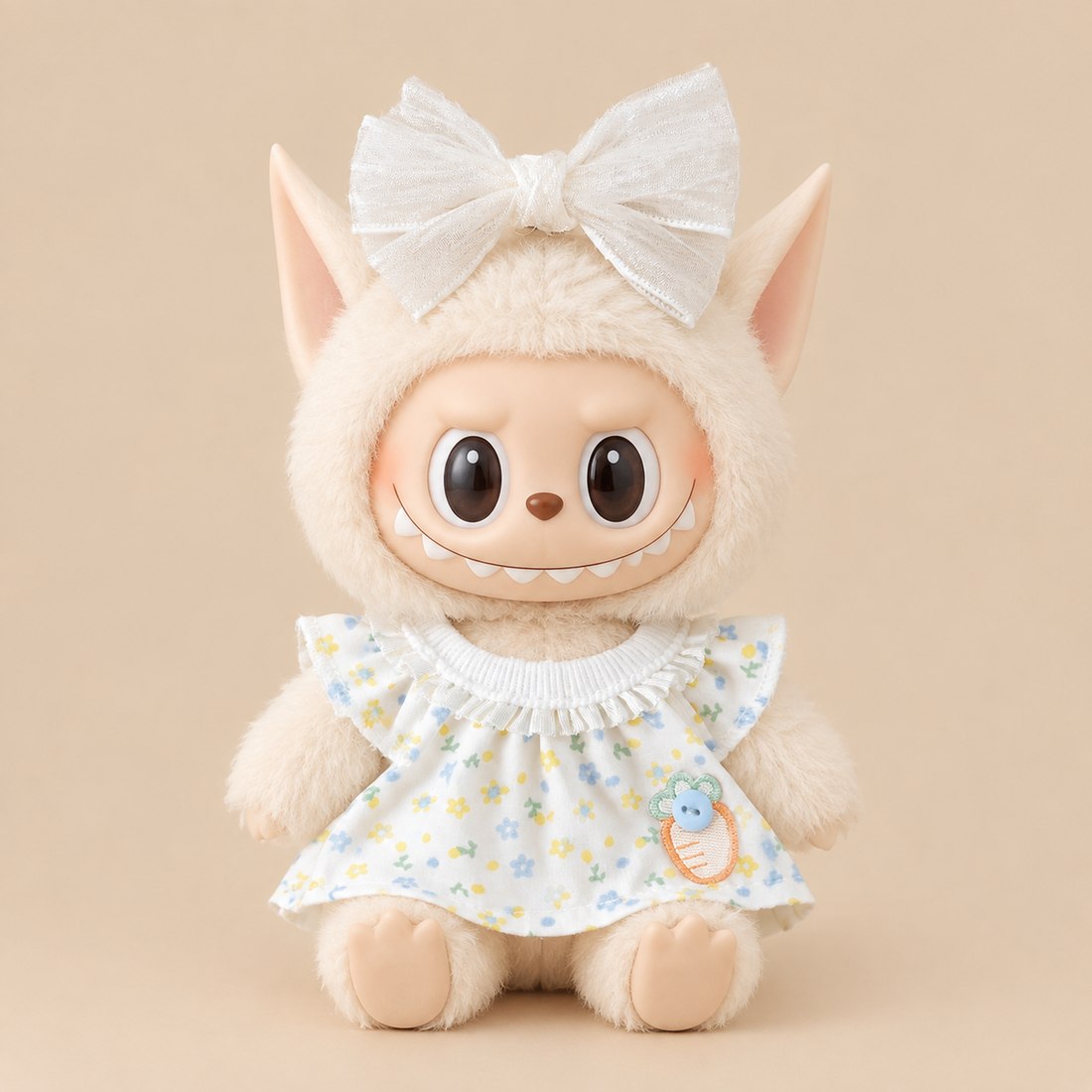 Labubu-style plush doll in a carrot patch garden outfit set with tiny florals — doll clothes for 17 cm Labubu-style plushies