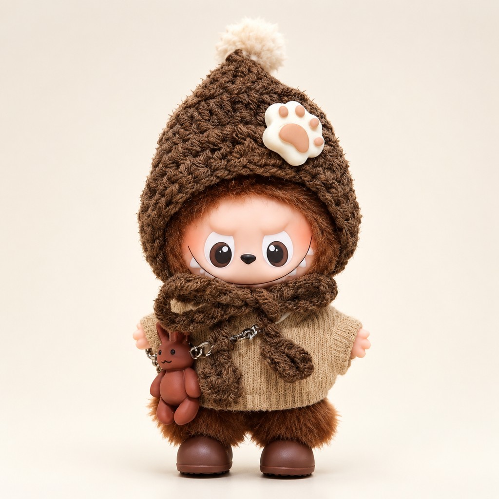 Plush doll wearing coffee cat paw knit beanie, khaki sweater with plush collar, bunny chain bag and mini shoes — doll outfit for Labubu-style and cotton dolls