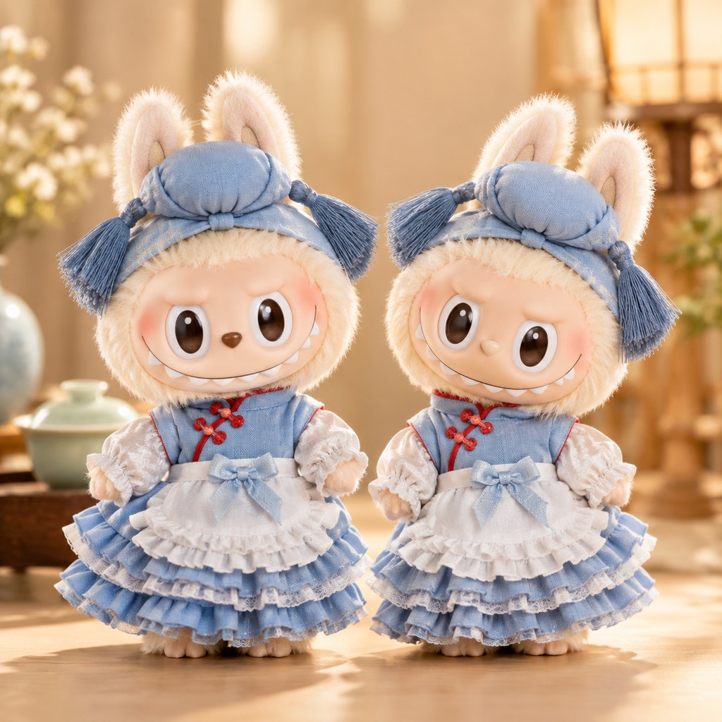 Plush doll wearing a blue Chinese diner waitress outfit, pink colorway also available — doll clothes for 17 cm Labubu-style plushies