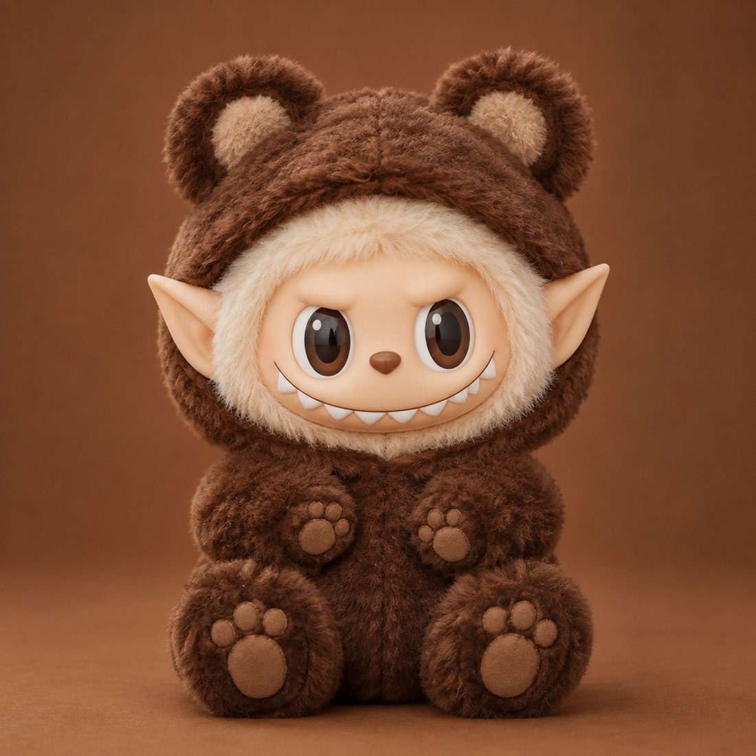 Plush doll wearing chocolate brown bear costume with ears