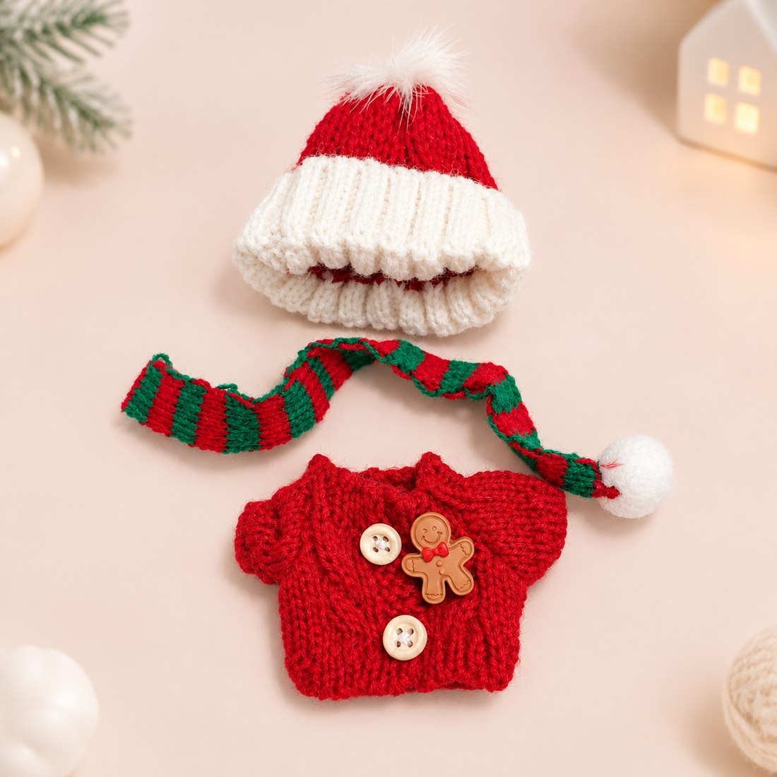 Small 10cm plush doll wearing red white knit Christmas set