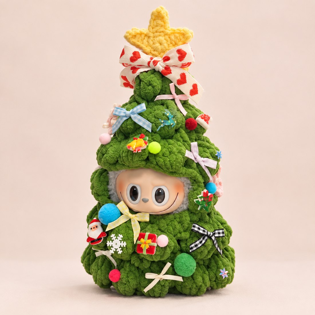 Green crochet Christmas tree costume with bows and star on a plush doll