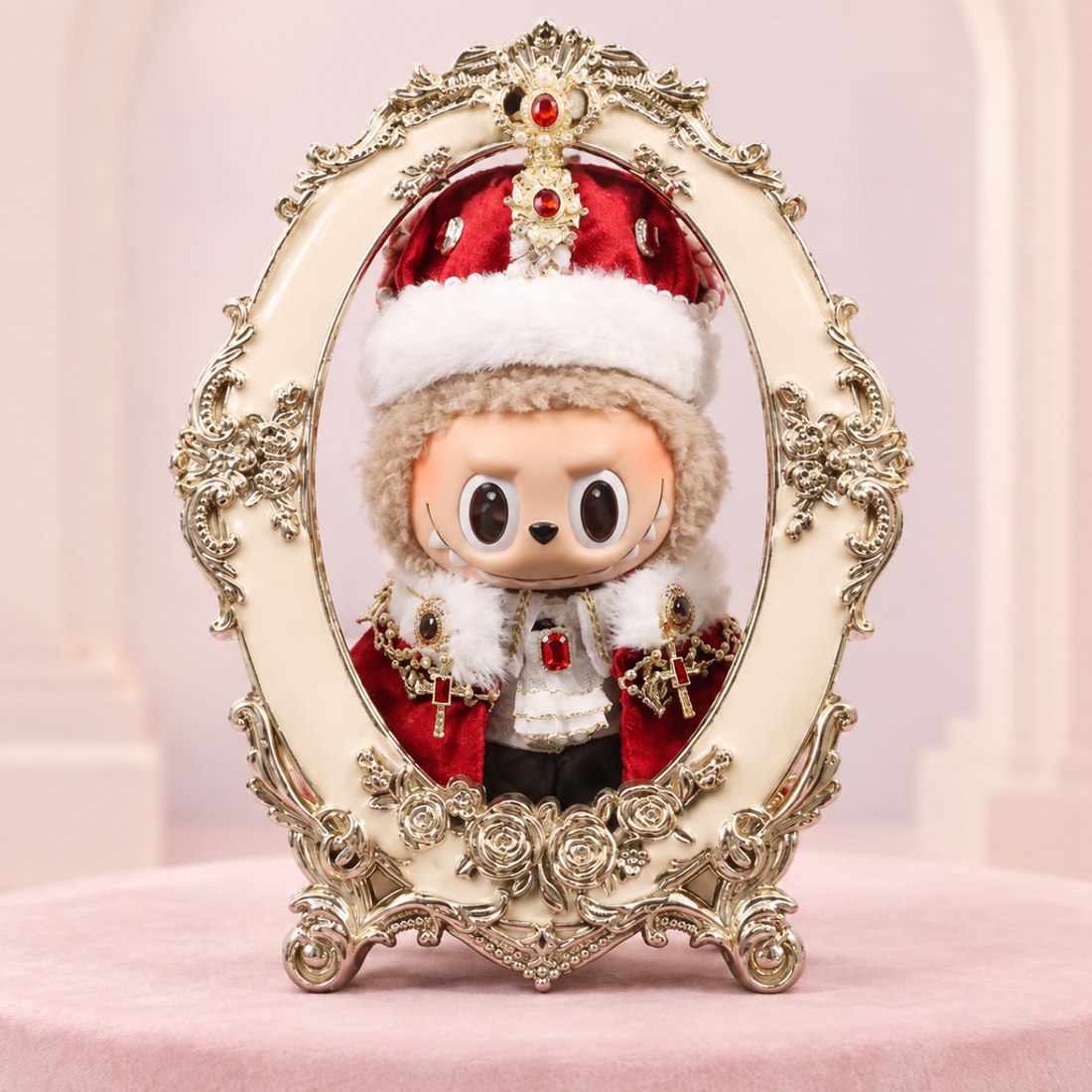 Plush doll wearing crown and coronation robe — doll clothes for 17 cm Labubu-style plushies