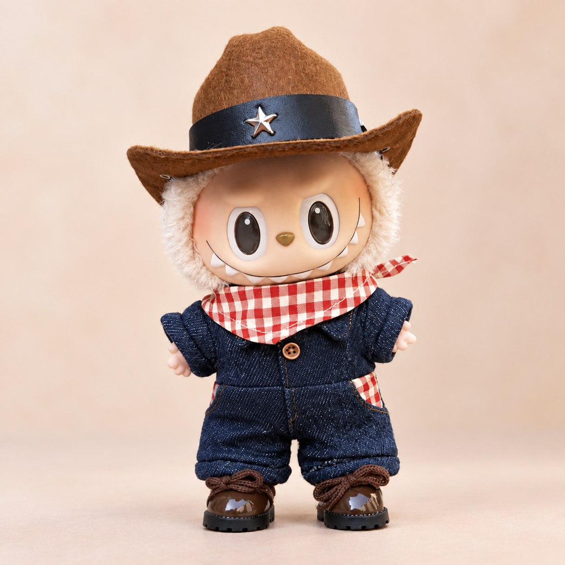Plush doll wearing cowboy hat, plaid scarf and boots