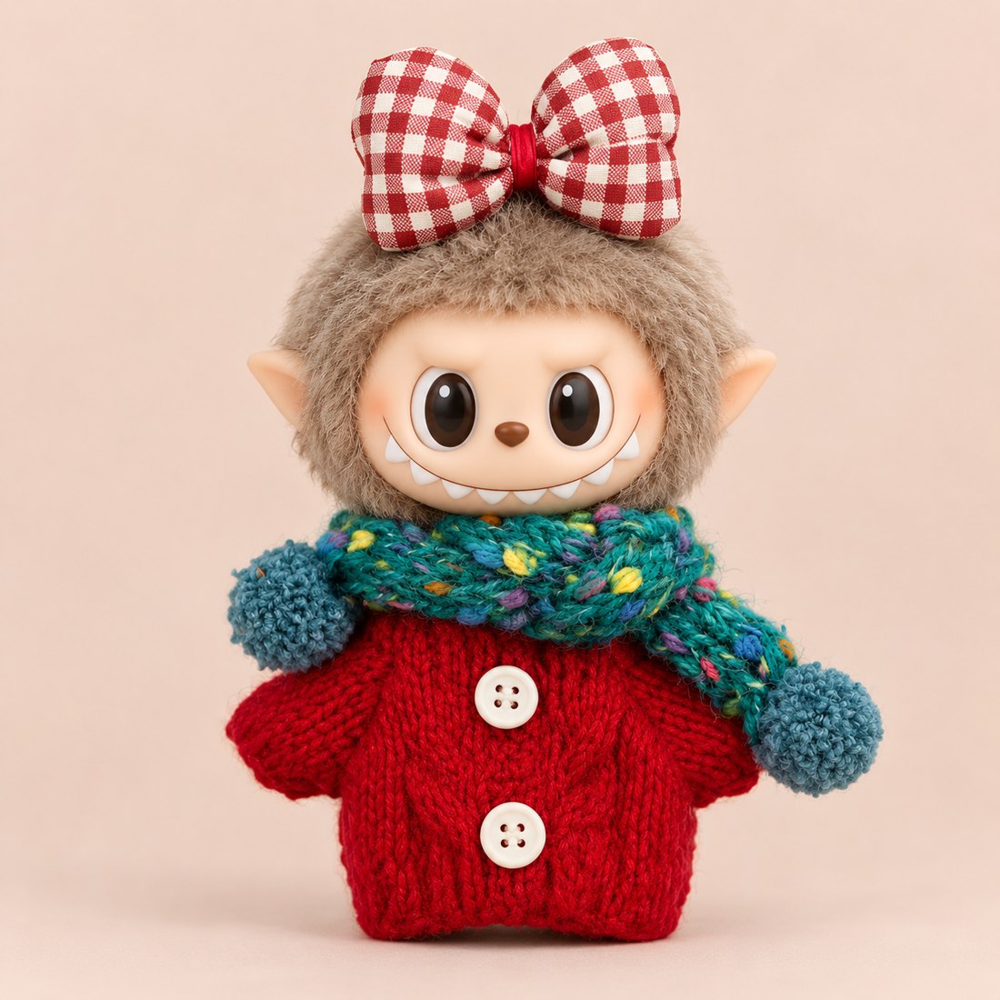 Plush doll wearing cozy knit sweater with pom pom scarf