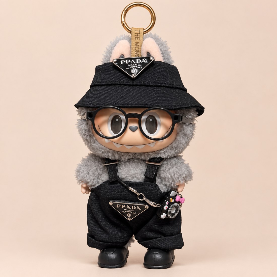 Plush doll wearing denim street outfit with glasses and camera charm