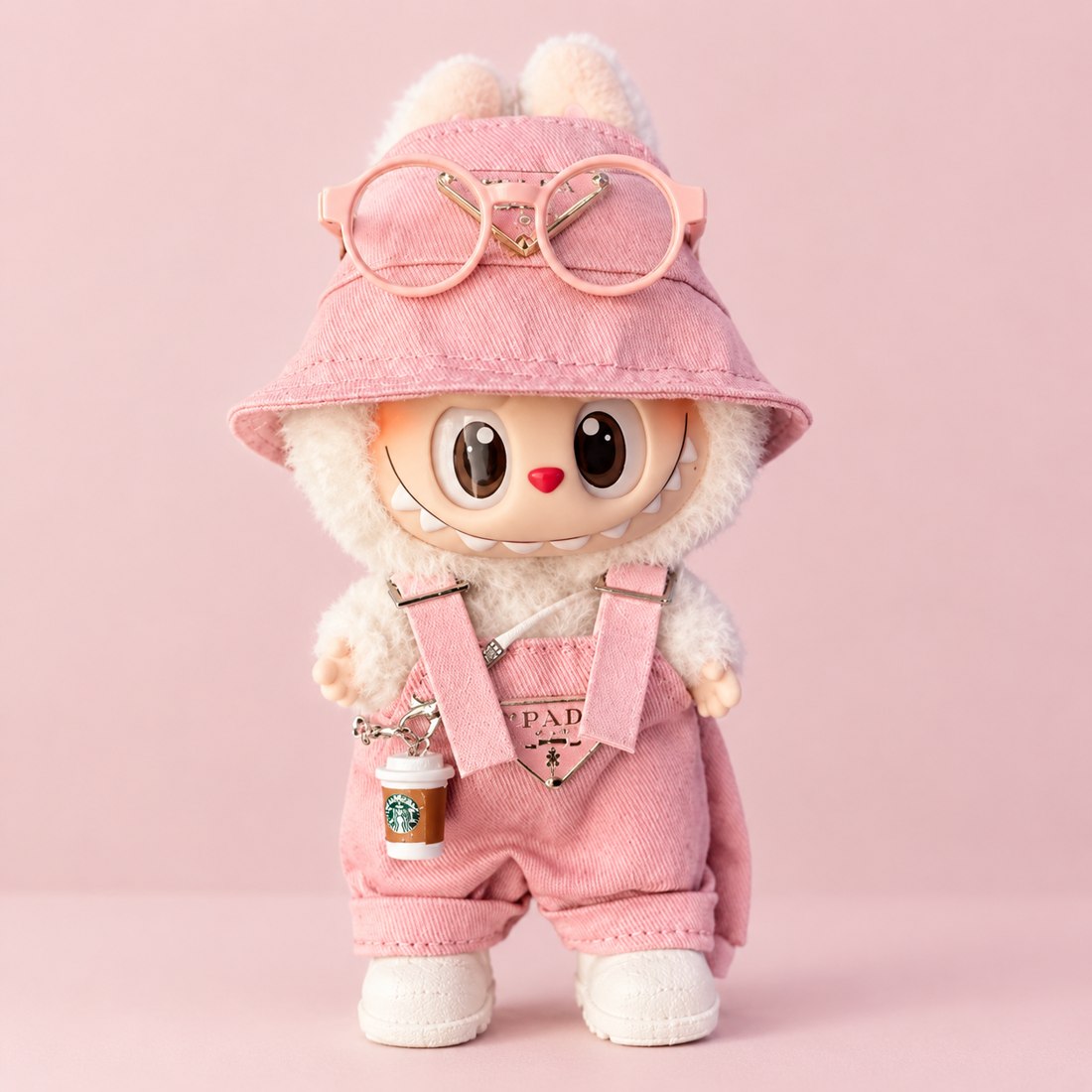 Pink overalls five-piece doll outfit set with hat and glasses