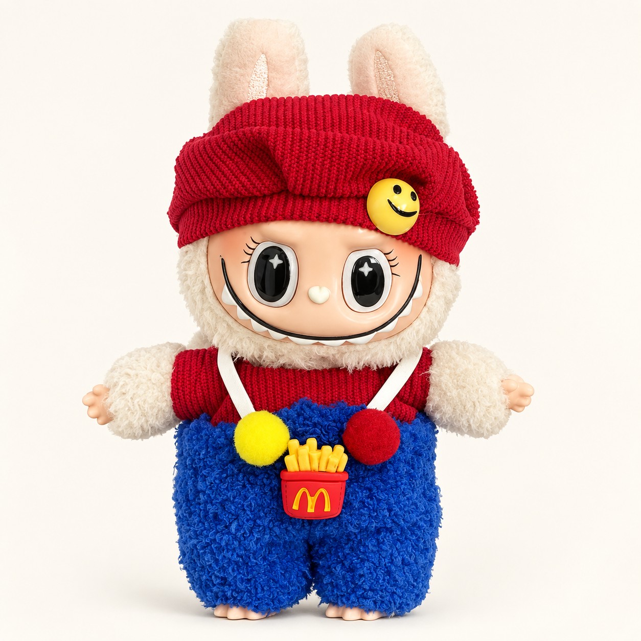 Plush doll wearing red smiley knit hat, red tee and blue overalls with fries-bucket chest bag — plush toy clothes sized 15-25 cm
