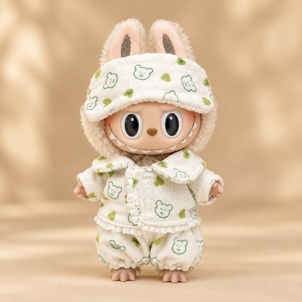 Doll wearing the green bear fleece pajama set — bear-ear sleep hood, top, sleep pants and matching eye mask — plush toy clothes sized 15-25 cm