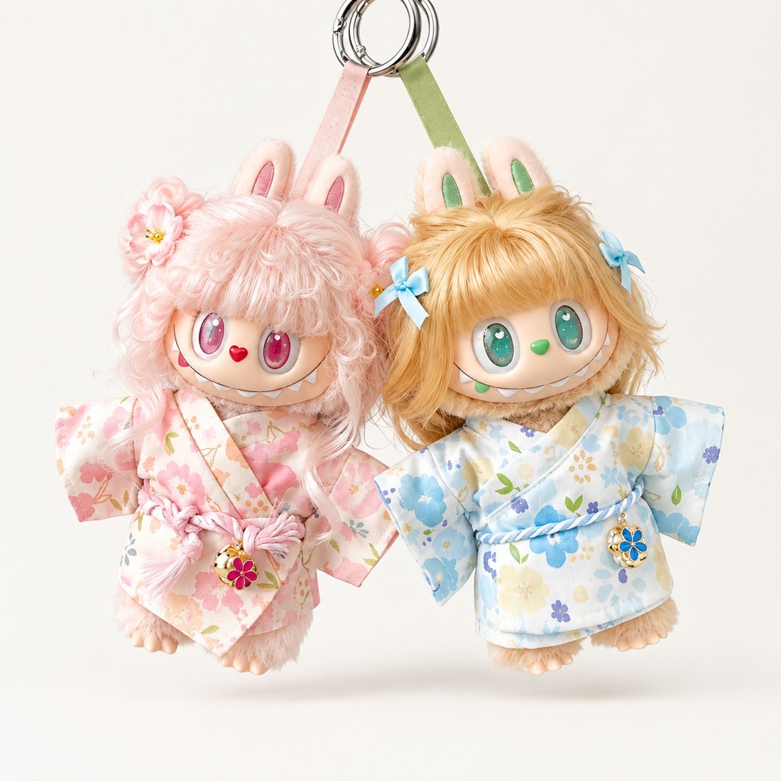 Plush doll wearing a floral yukata outfit with obi belt and hair ornament — plush toy clothes sized 15-25 cm