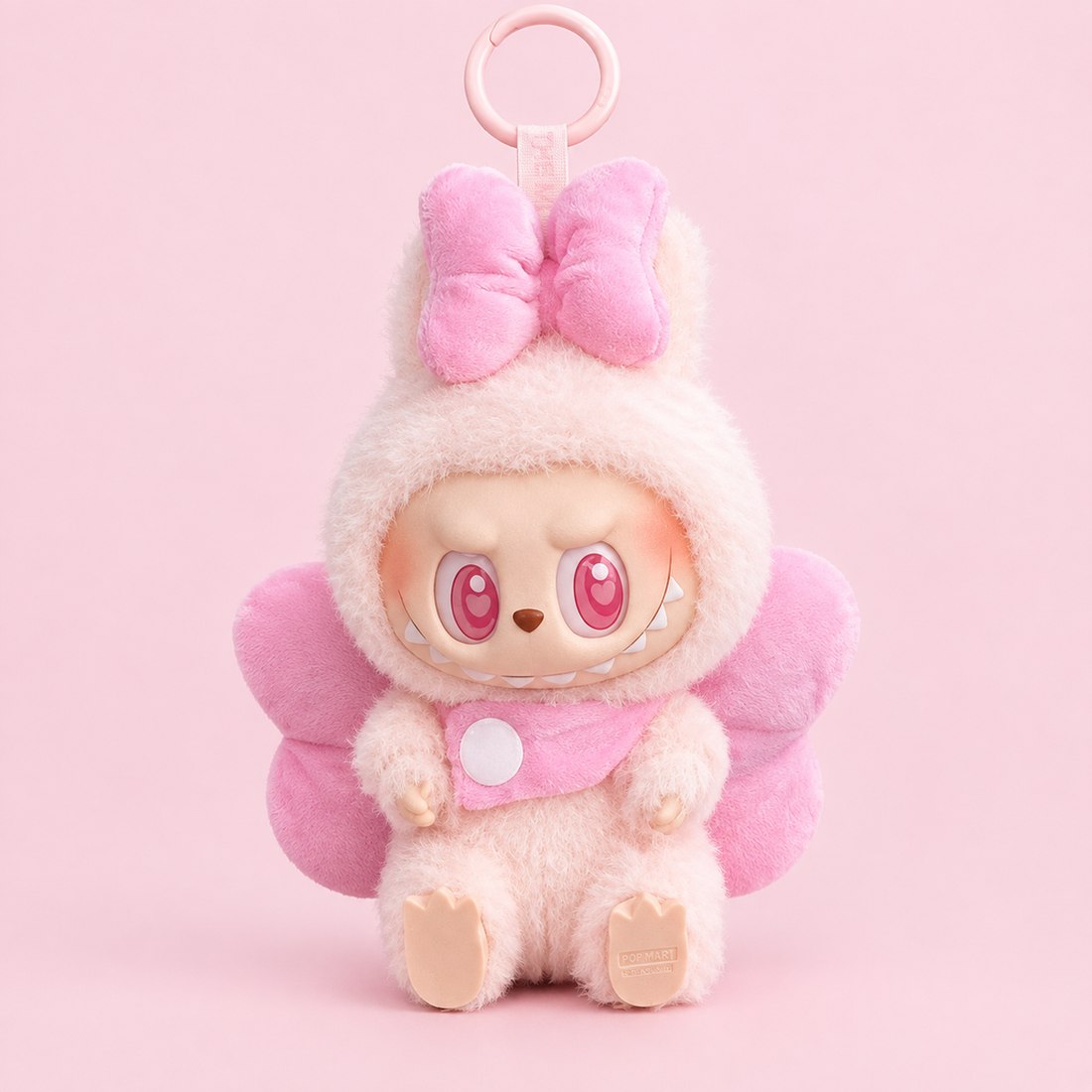 Plush doll wearing magenta bow-trimmed flower shop outfit — doll outfit for Labubu-style and cotton dolls