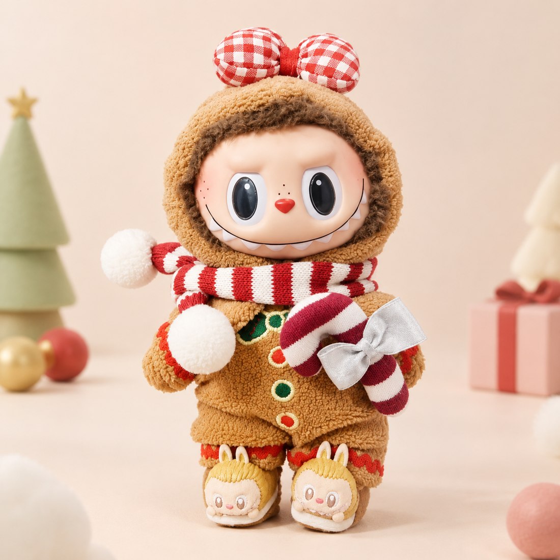 Plush doll wearing gingerbread man Christmas costume