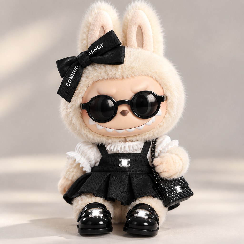 Black leather-look pinafore dress set with rhinestone emblem, white ruffle blouse, quilted bag, Mary Jane shoes and sunglasses — plush toy clothes sized 15-25 cm