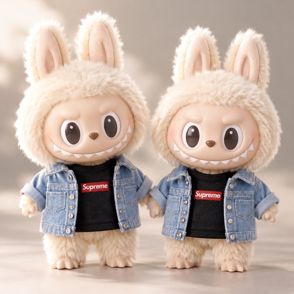 Labubu-style plush doll in a knotted grunge flannel shirt with a clip-on chain accessory — doll outfit for Labubu-style and cotton dolls