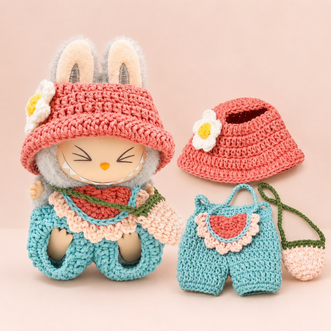 Hand crochet doll outfit set with hat, overalls and mini bag