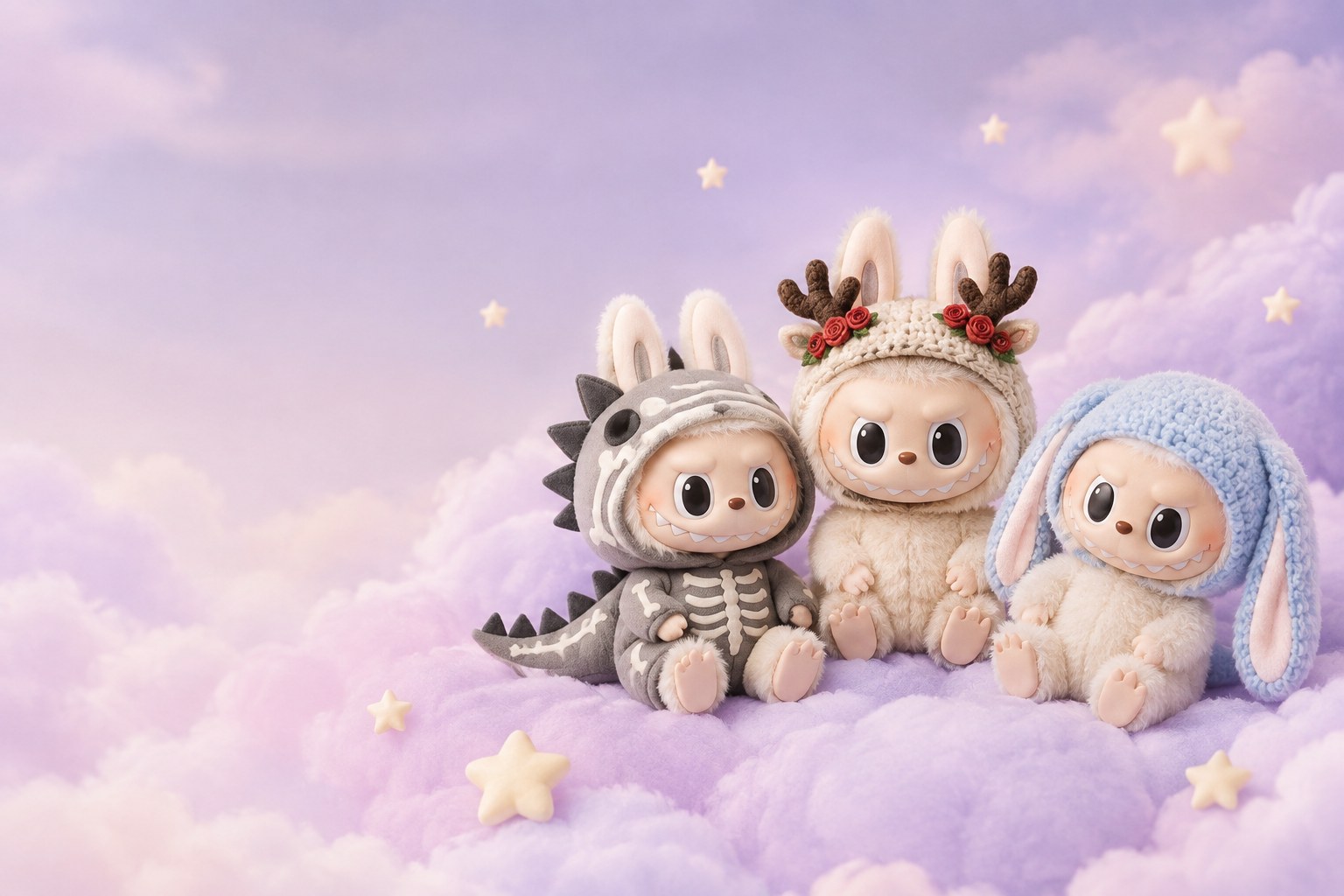 Two Labubu-style plush dolls wearing the dinosaur skeleton hoodie and the dragon jumpsuit