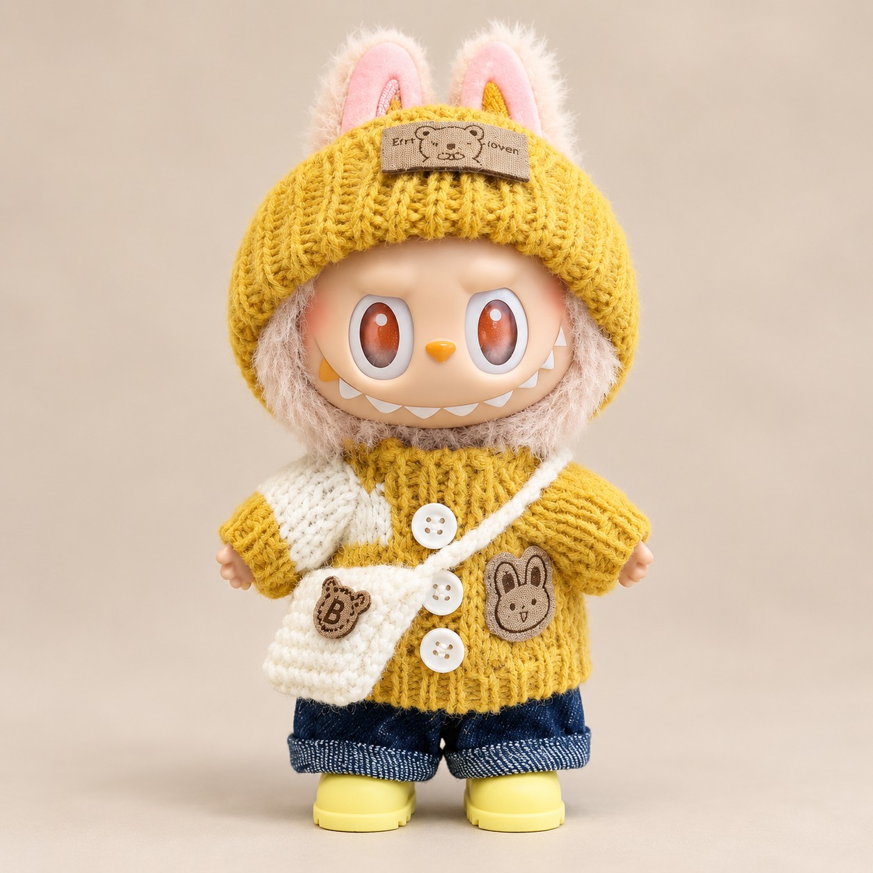 Plush doll wearing a hooded color-block knit cape with plush trim, bunny-ear knit hat on, first snow settling — doll clothes for 17 cm Labubu-style plushies