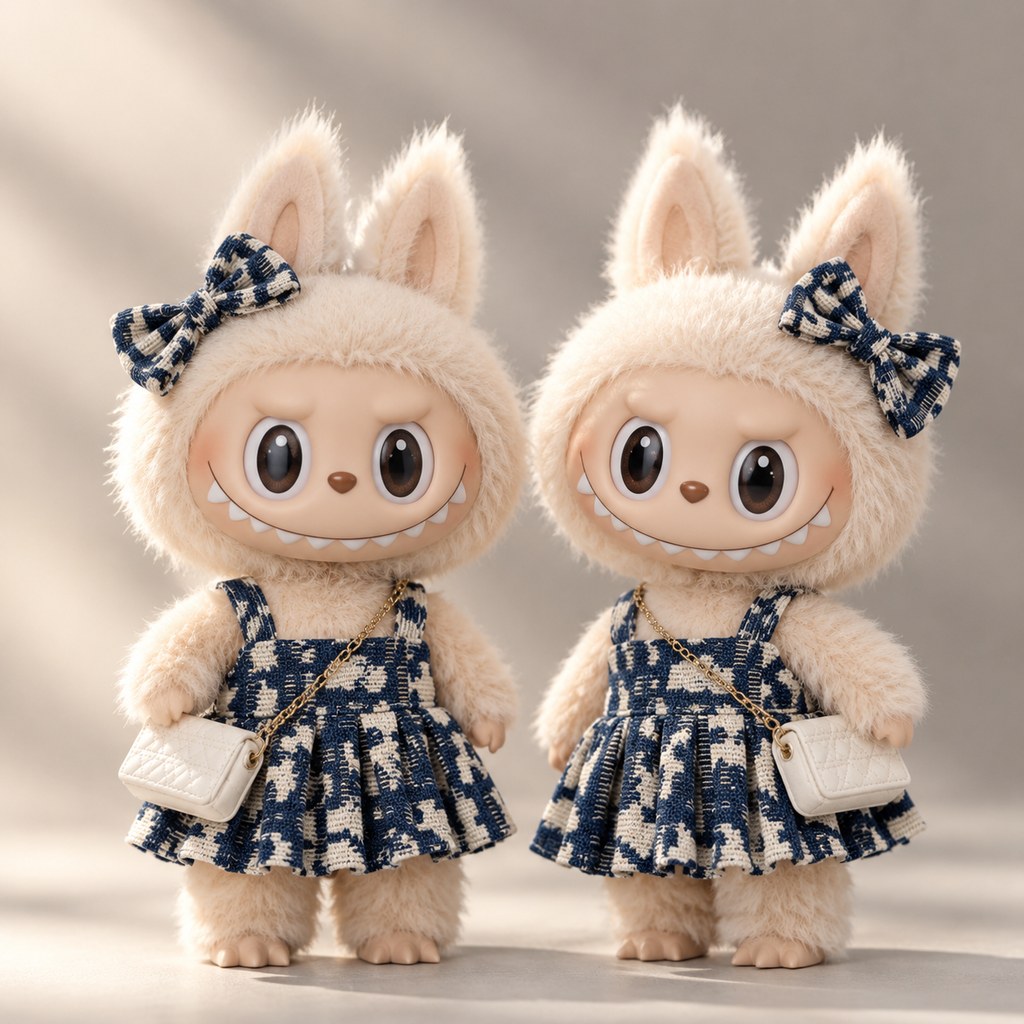 Plush doll in a navy vintage jacquard slip dress with matching bow hair accessory and mini chain bag — doll clothes for 17 cm Labubu-style plushies