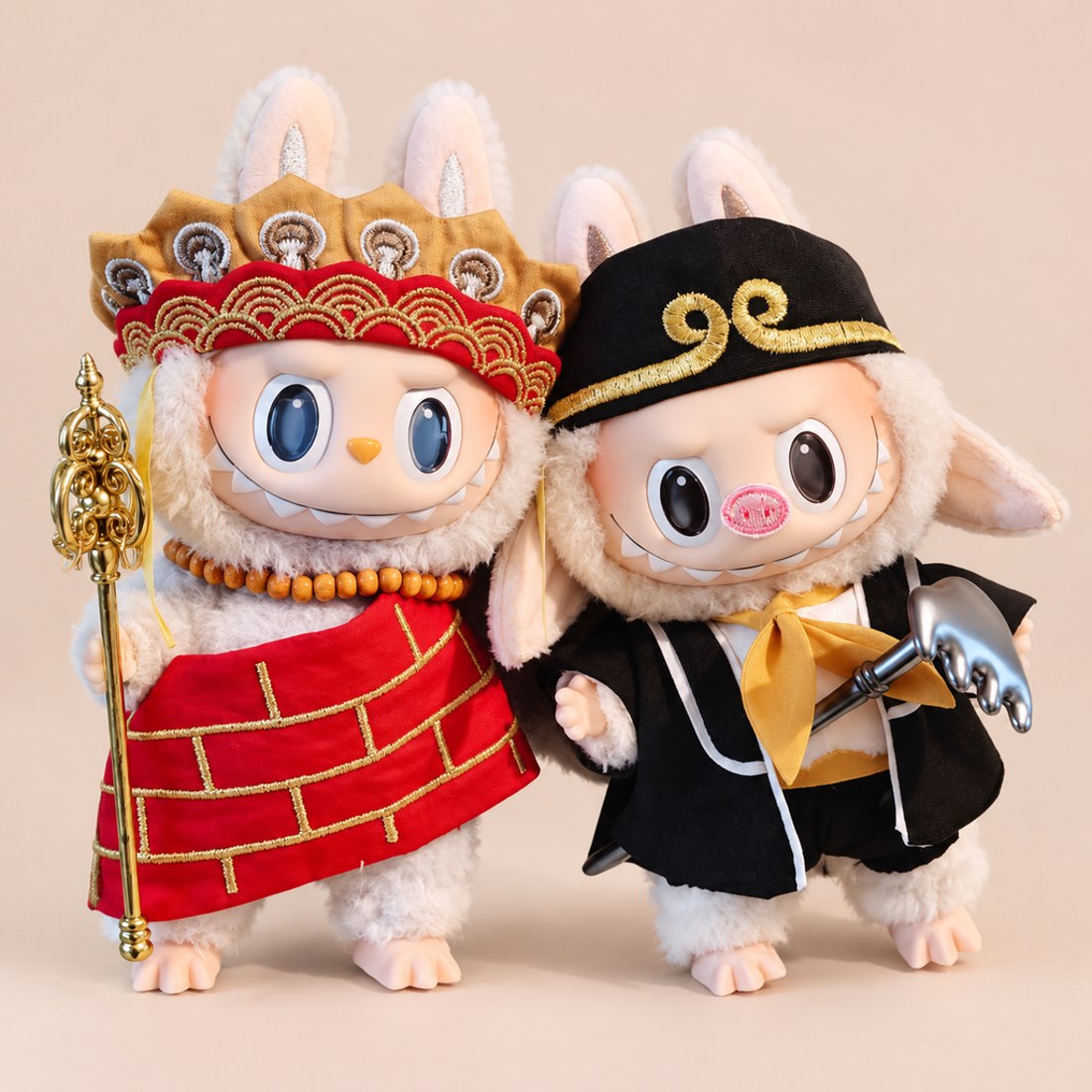 Small 10cm plush doll wearing monk robe with hat and prayer beads