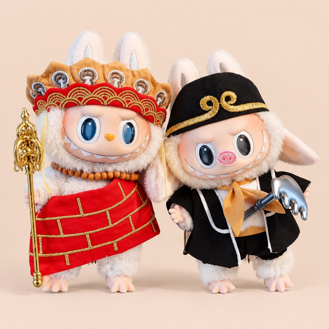 10cm mini plush doll wearing Journey West pig costume with headwrap, neckerchief and pig ears — doll outfit for Labubu-style and cotton dolls