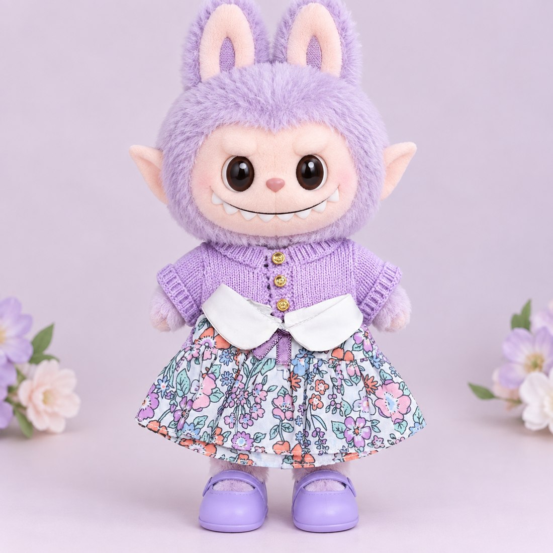 Plush doll wearing purple floral dress with cardigan and shoes