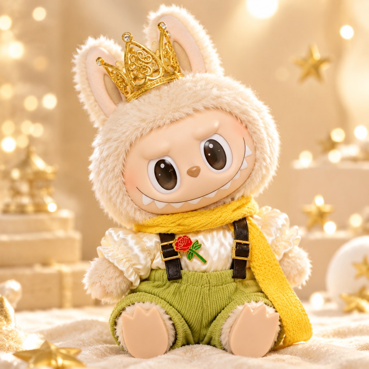 Dimoo doll wearing the little prince crown set — tunic, scarf and crown — doll outfit for Labubu-style and cotton dolls