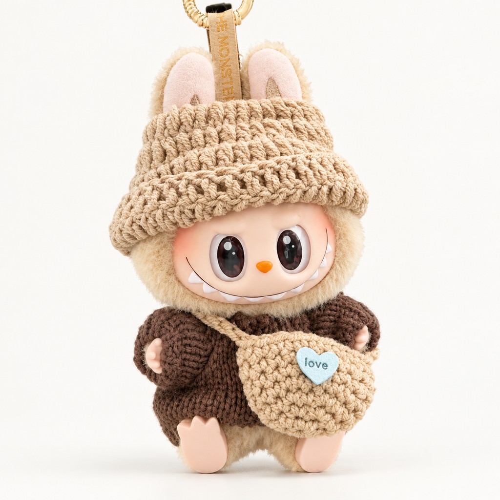Plush doll in khaki knit hat and coffee sweater carrying LOVE heart crossbody bag — doll clothes for 17 cm Labubu-style plushies