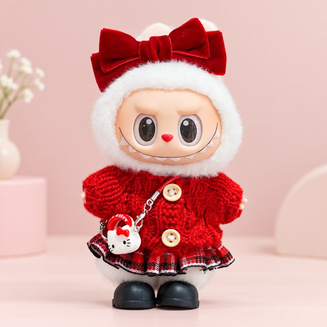 Plush doll wearing red Lunar New Year knit dress with bow