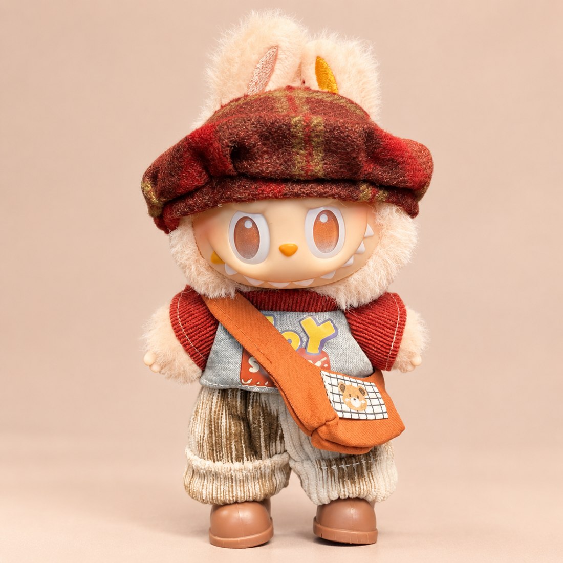 Plush doll wearing Maillard retro outfit with plaid beret