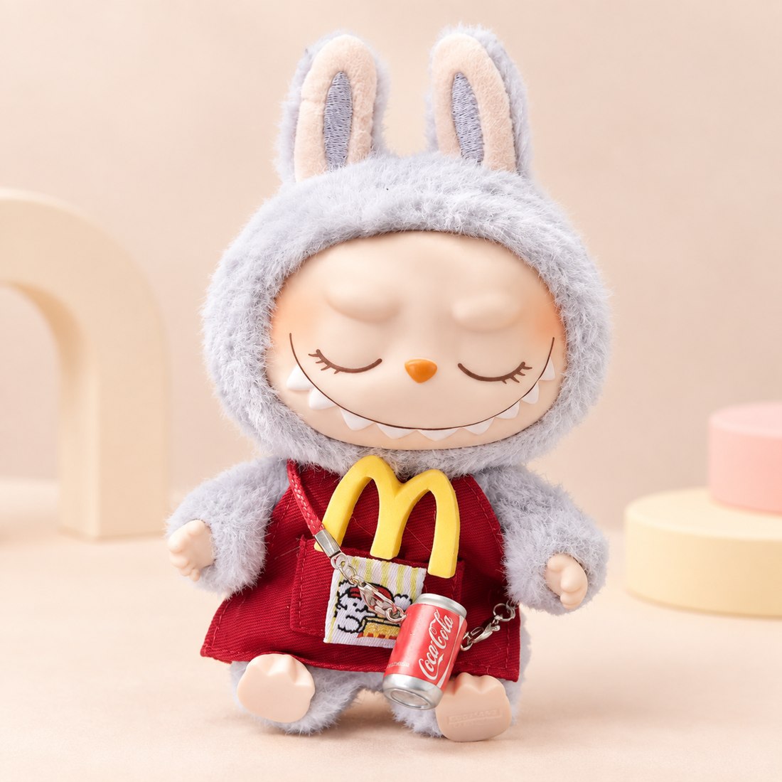 Small 10cm plush doll wearing tiny apron outfit