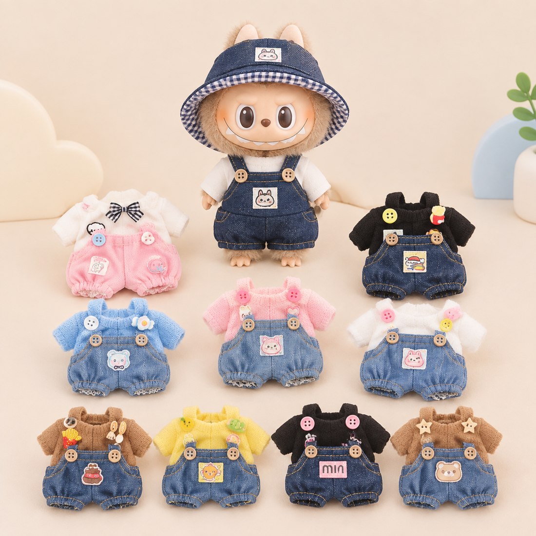 Small 10cm plush doll wearing tiny denim jeans outfit