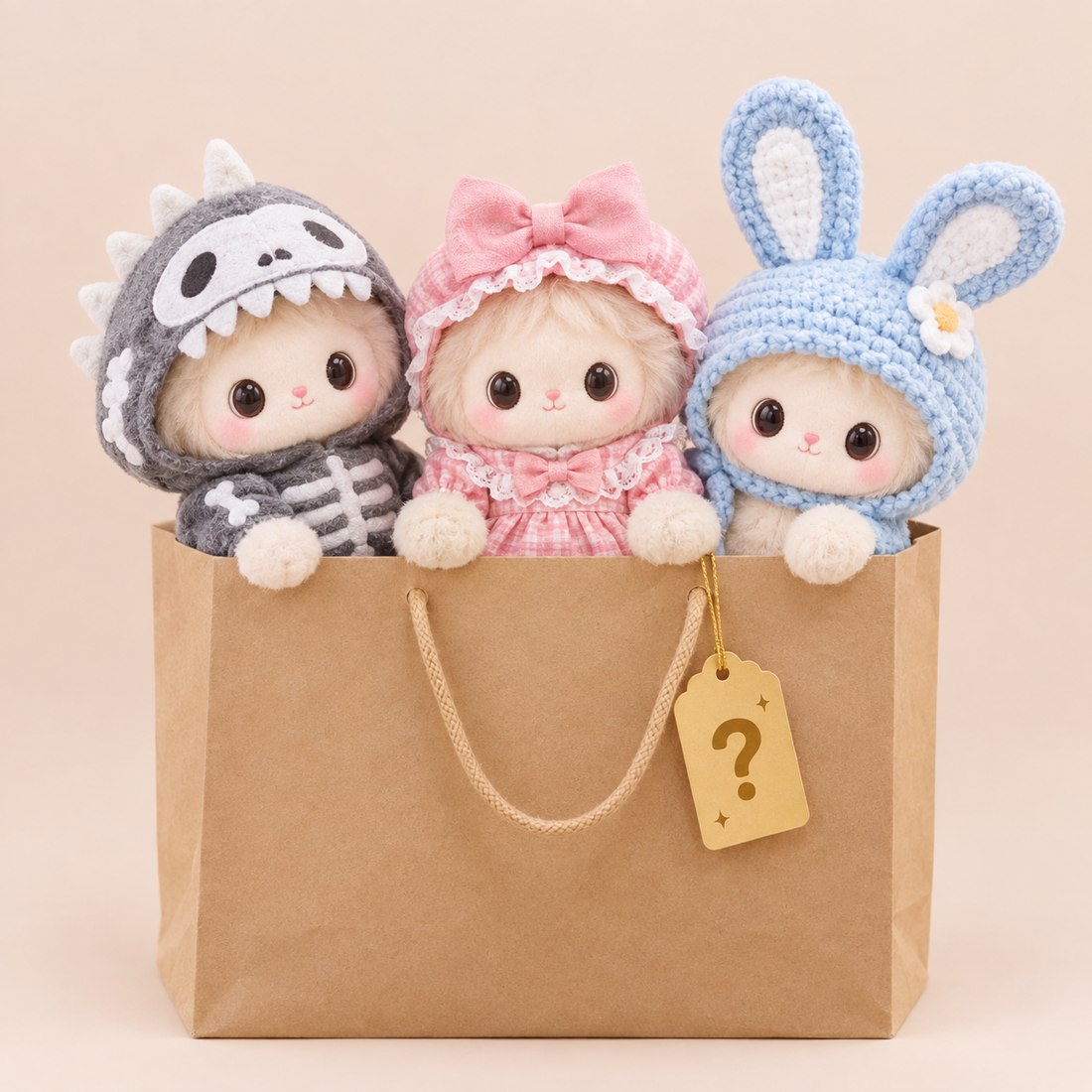 Three doll costumes peeking out of a kraft gift bag with question mark tag