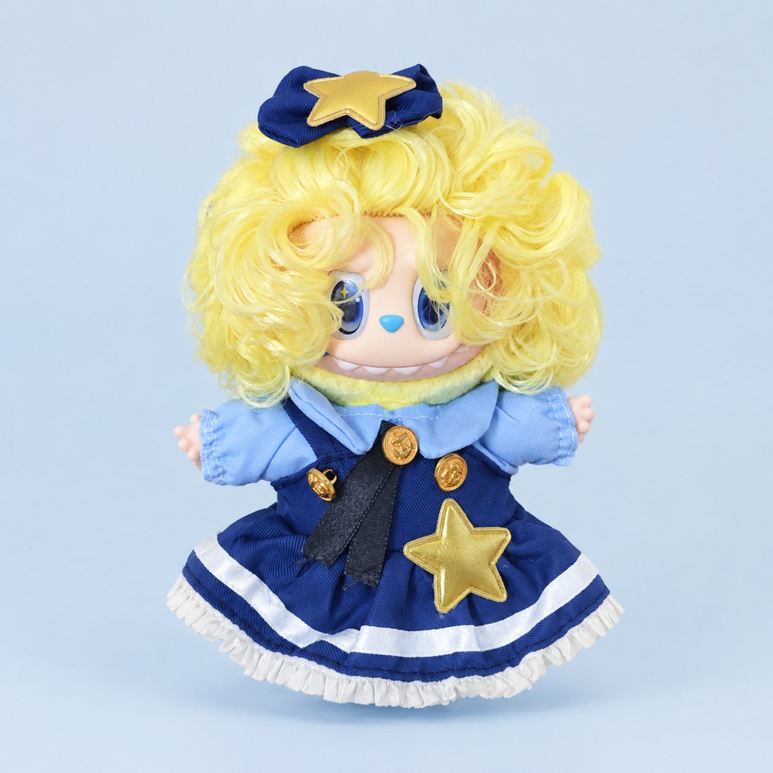 10cm mini plush doll wearing navy officer dress with gold star brooch and bow headpiece — plush toy clothes sized 15-25 cm