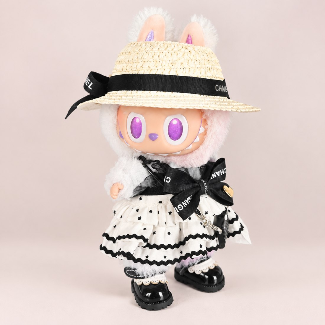 Plush doll wearing straw hat lolita dress set — doll outfit for Labubu-style and cotton dolls