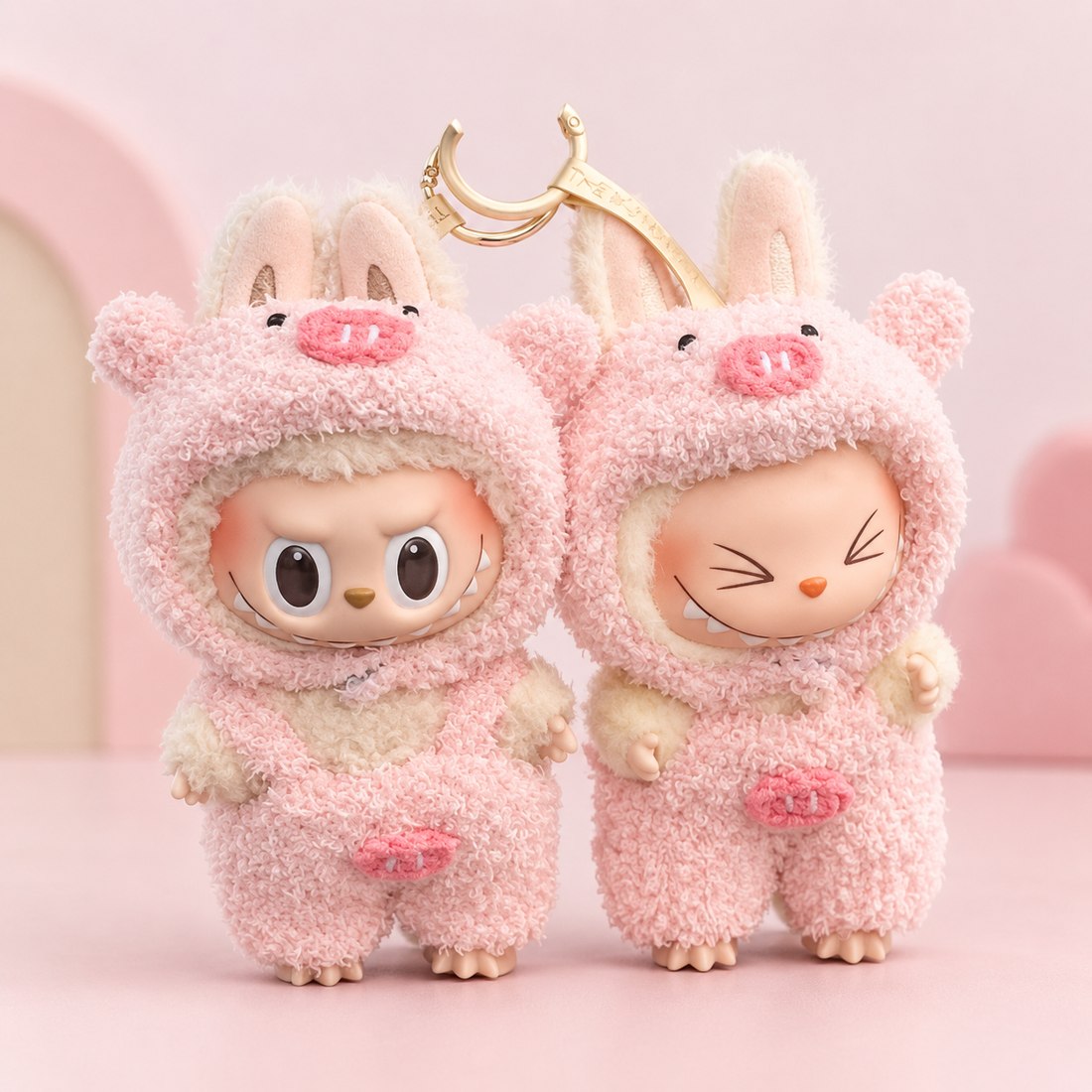 Plush doll wearing pink piggy costume with snout
