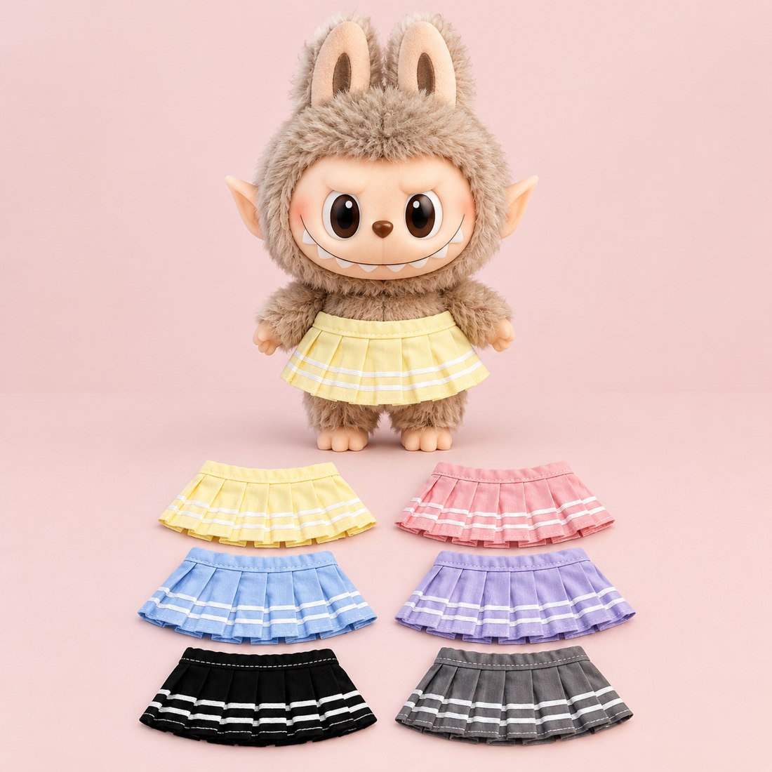 Plush doll wearing macaron colored pleated skirt outfit