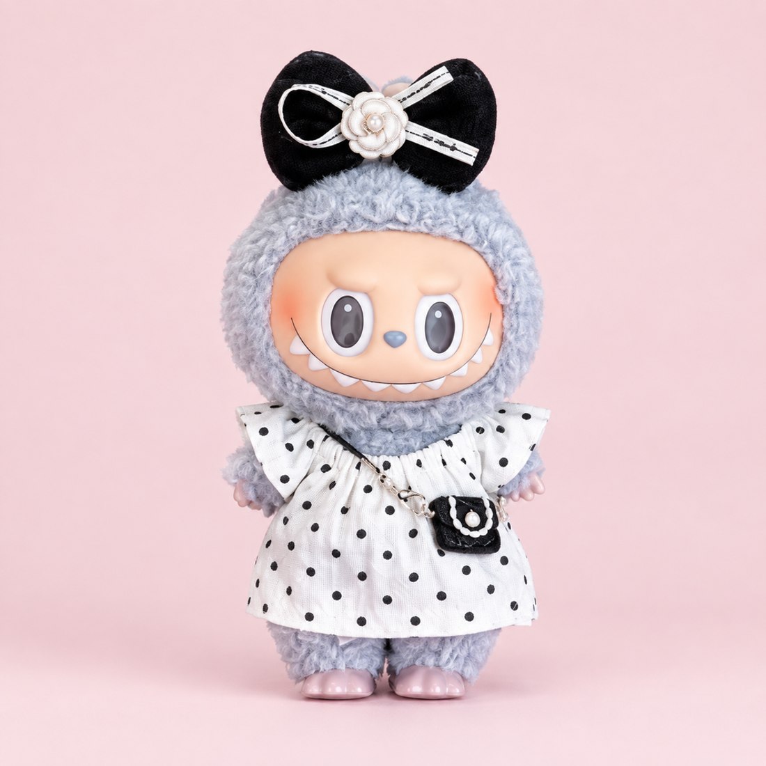 Polka dot doll dress with bow headband and charm