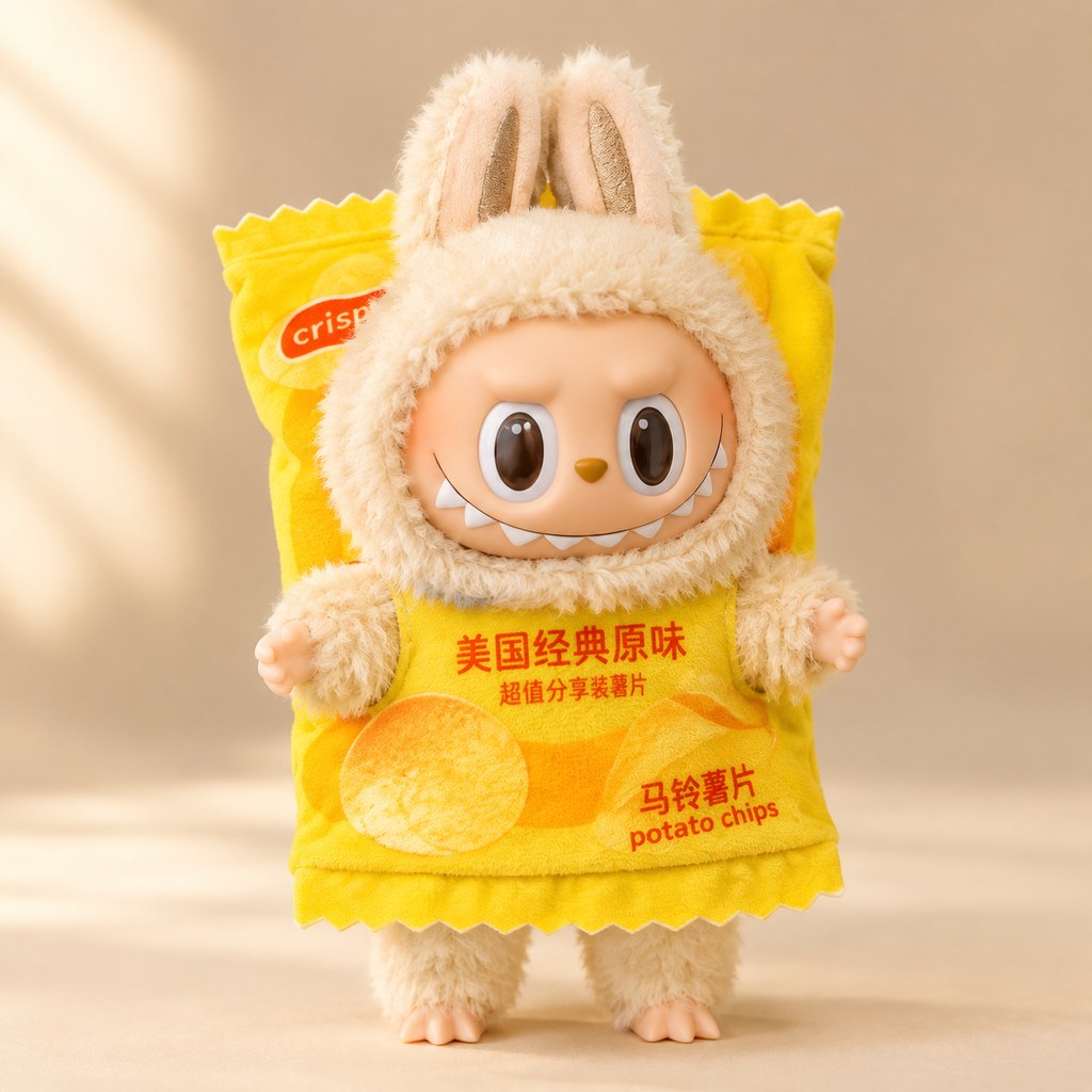 Plush doll wearing an original-flavor potato chip bag costume — plush toy clothes sized 15-25 cm