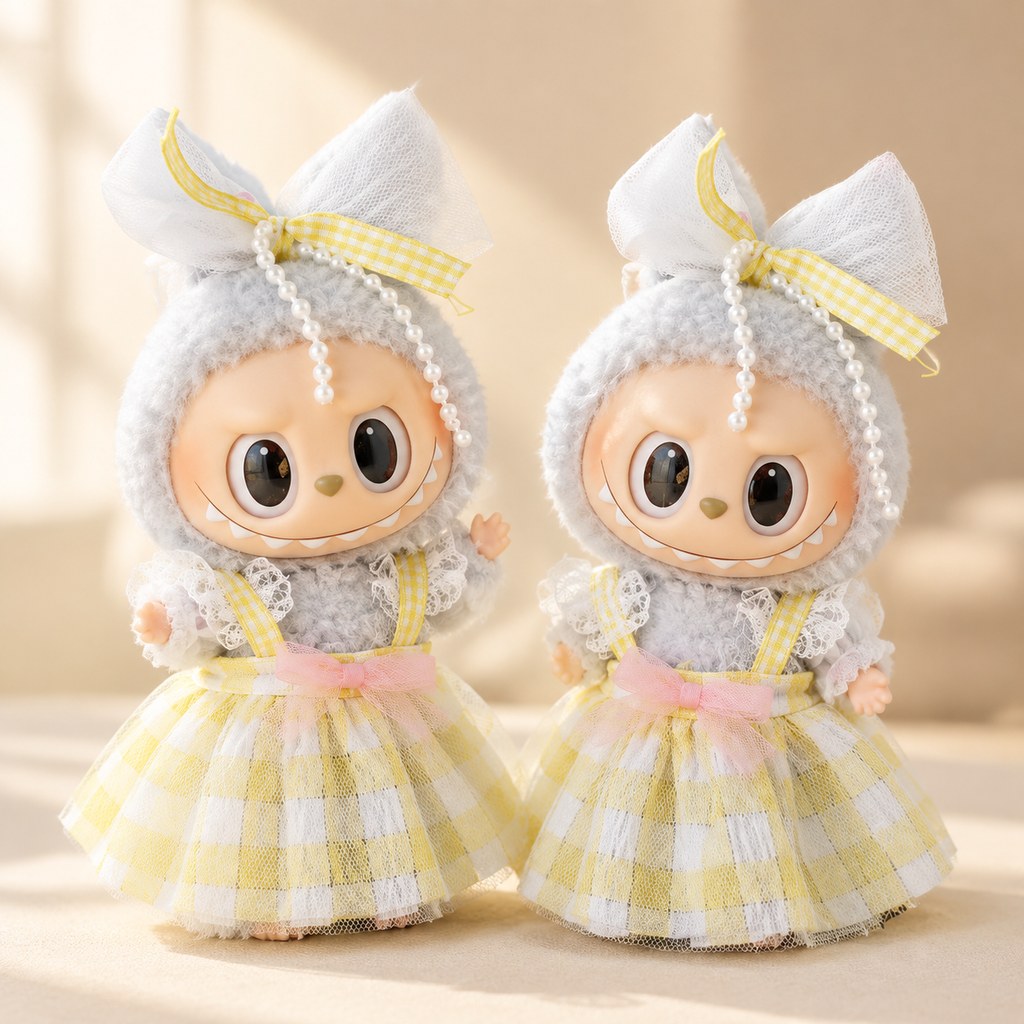 Labubu-style vinyl doll wearing the prairie milkmaid corset set, corset-laced bodice over a tiered skirt — doll outfit for Labubu-style and cotton dolls