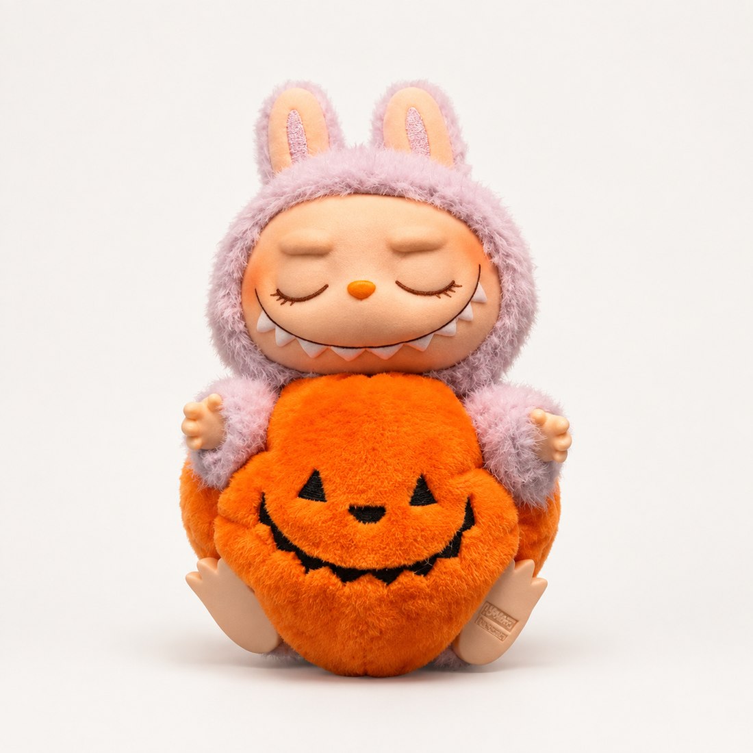 Plush doll wearing pumpkin Halloween costume with jack-o'-lantern grin and leaf-stem top