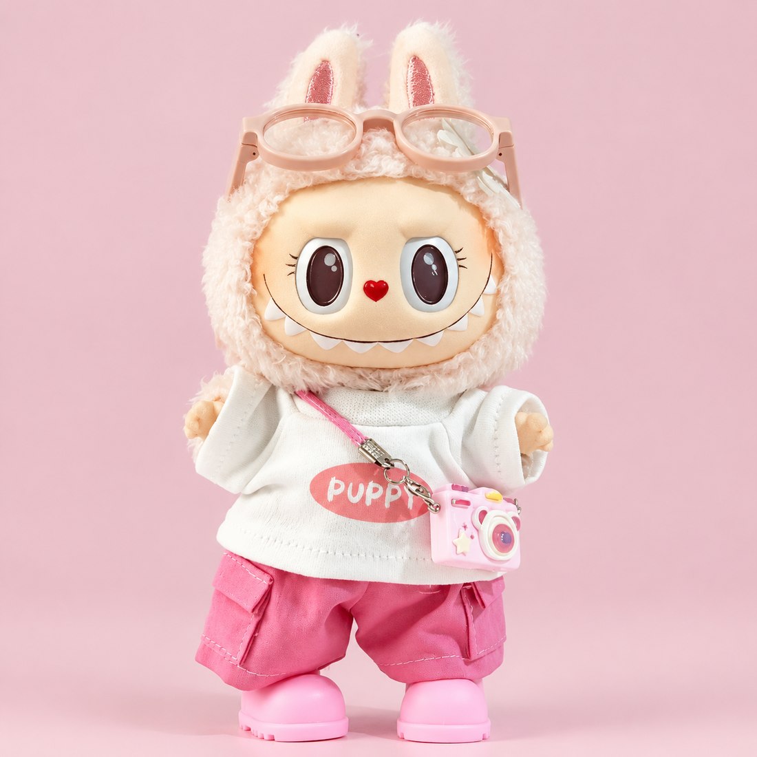 Plush doll wearing white puppy-lettering tee with overalls, headphones and camera charm — doll outfit for Labubu-style and cotton dolls