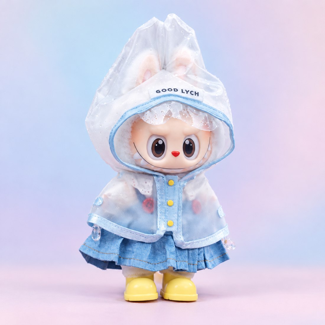 Plush doll wearing raincoat with yellow rain boots